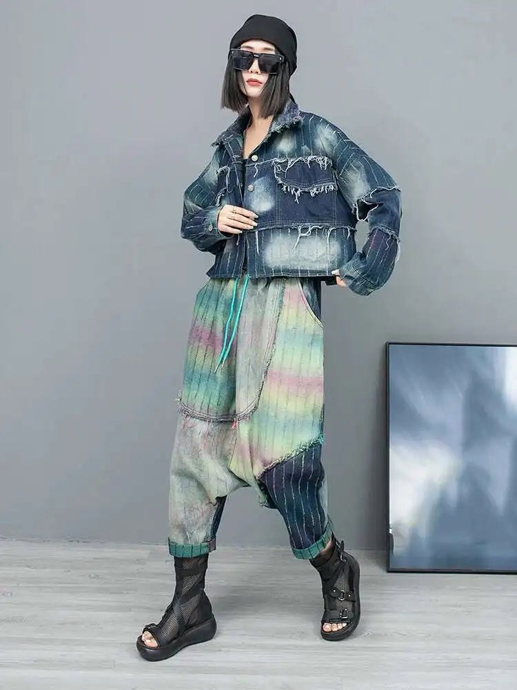 Big Size Denim Jacket Wide Leg Pants Two Piece Suit New Lapel Long Sleeve Women Fashion Tide Spring Autumn 2025 1DH6431