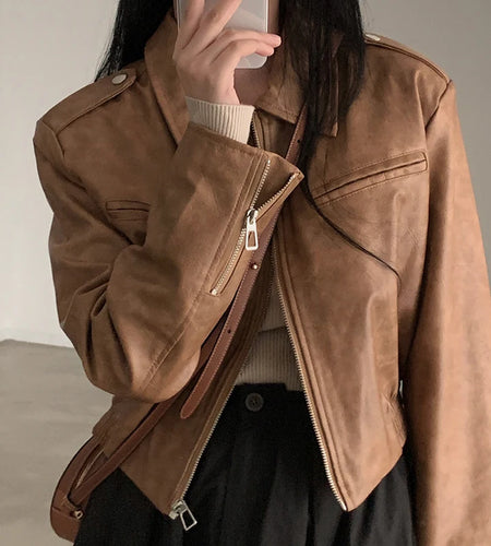 Fashion Black Cropped Autumn Jacket for Women 2023 Zip-Up All-Match PU Leather Jackets Coat Outfits Basic Full Sleeve