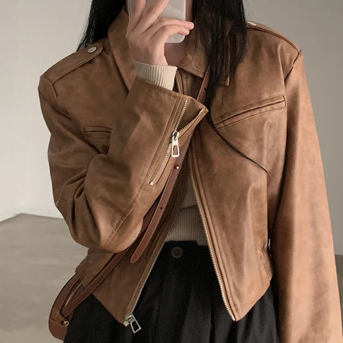 Load image into Gallery viewer, Fashion Black Cropped Autumn Jacket for Women 2023 Zip-Up All-Match PU Leather Jackets Coat Outfits Basic Full Sleeve
