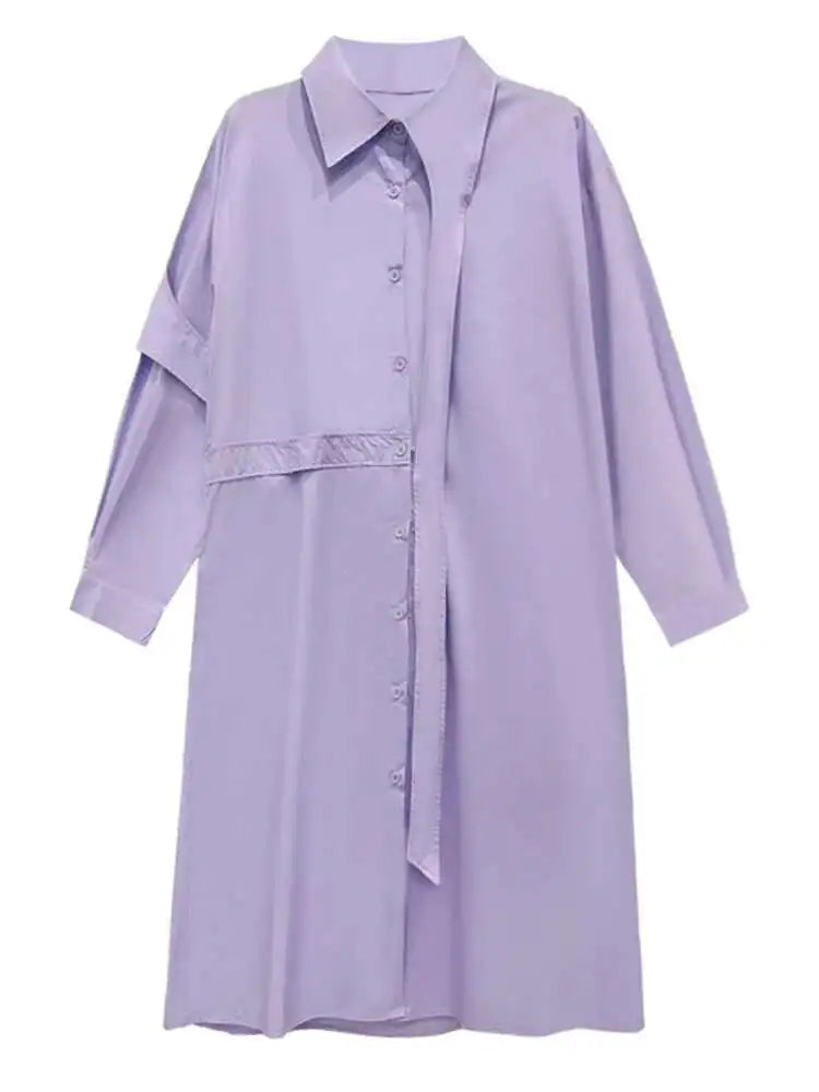 Women Purple Belted Big Size Irregular Midi Shirt Dress New Lapel Long Sleeve Fashion Tide Spring Autumn 2025 1DH5164