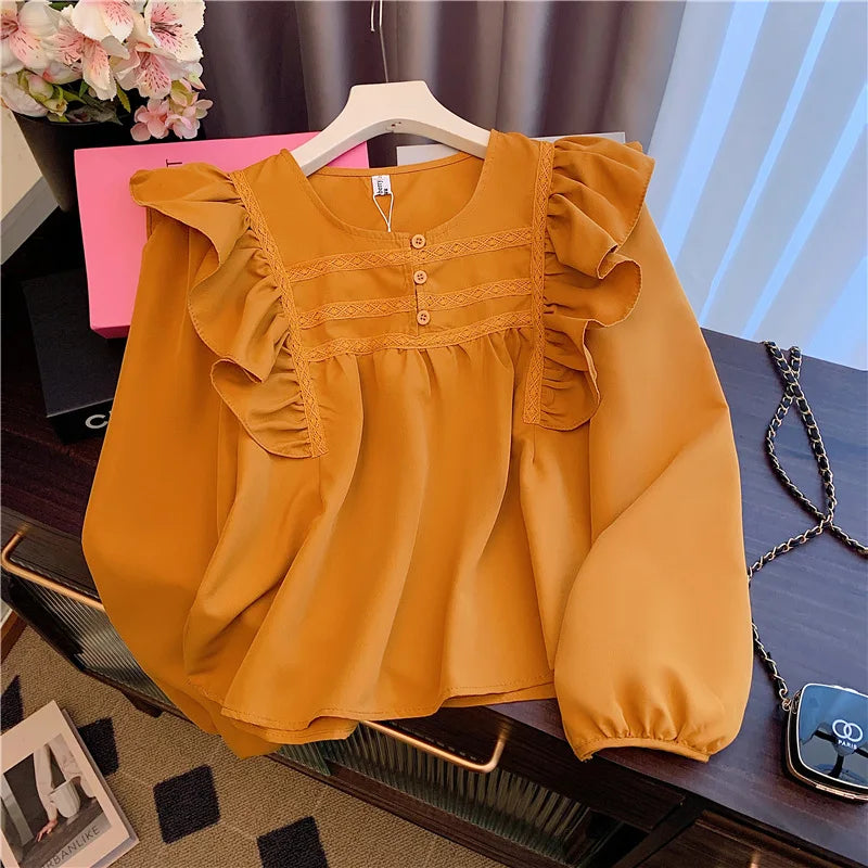 Vintage French White Elegant Loose Button Party Shirt Sweet Long Sleeves Ruffles O Neck Tops Women Orange Office Lady Blouse New