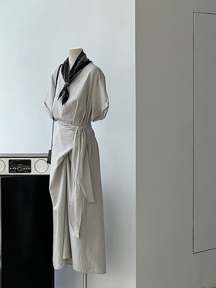 Women Navy Blue Cross Bandage Big Size Elegant Midi Dress New Round Neck Short Sleeve Fashion Spring Summer 2025 1DJ1359