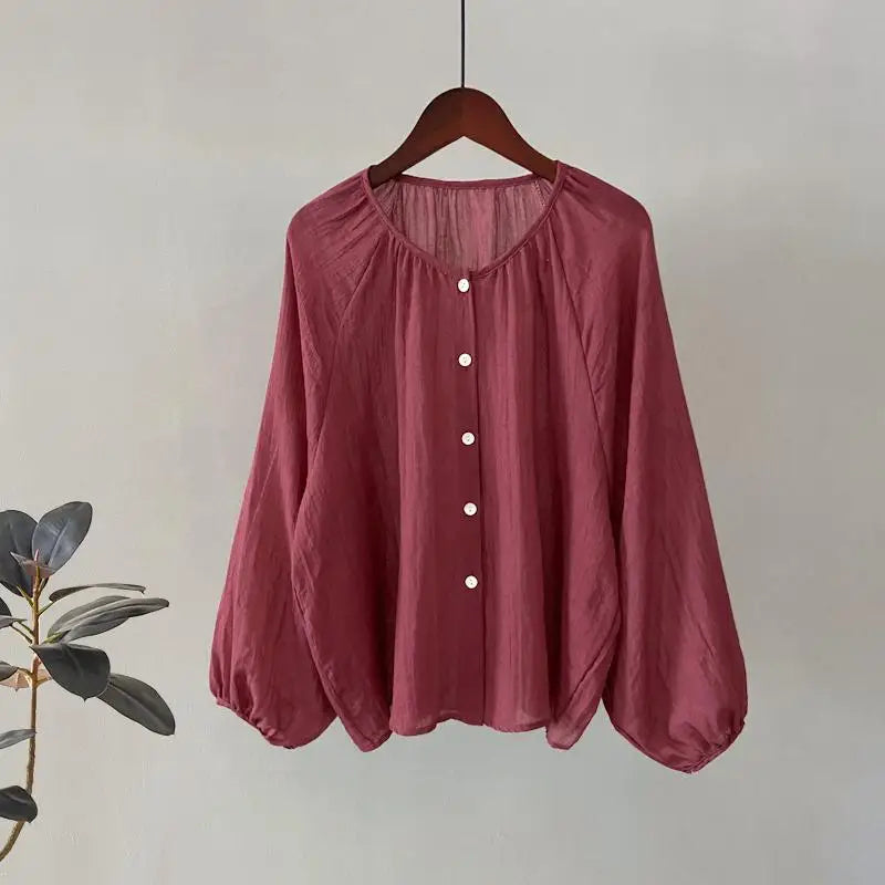 Retro Round Neck Blouse Women Spring Summer Solid Pleated Shirt Fashion Holiday Long Sleeve Top 2024 Casual Loose Sun Protection