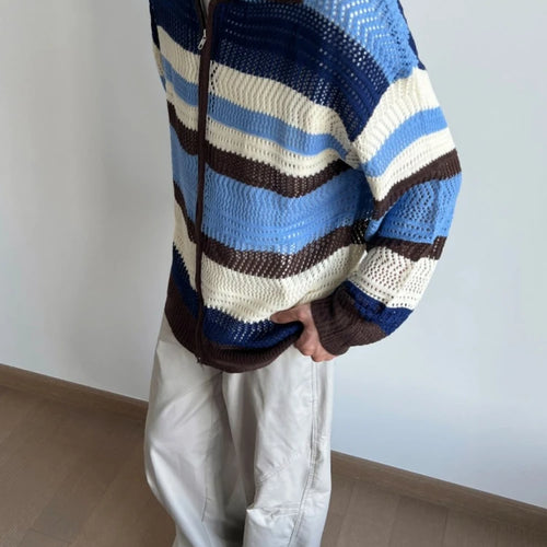 Load image into Gallery viewer, 2025 Contrast Color Striped Dual Zippers Cardigan Japanese Hollow Out Men and Women Jackets Y2k Aesthetic Streetwear Women Tops
