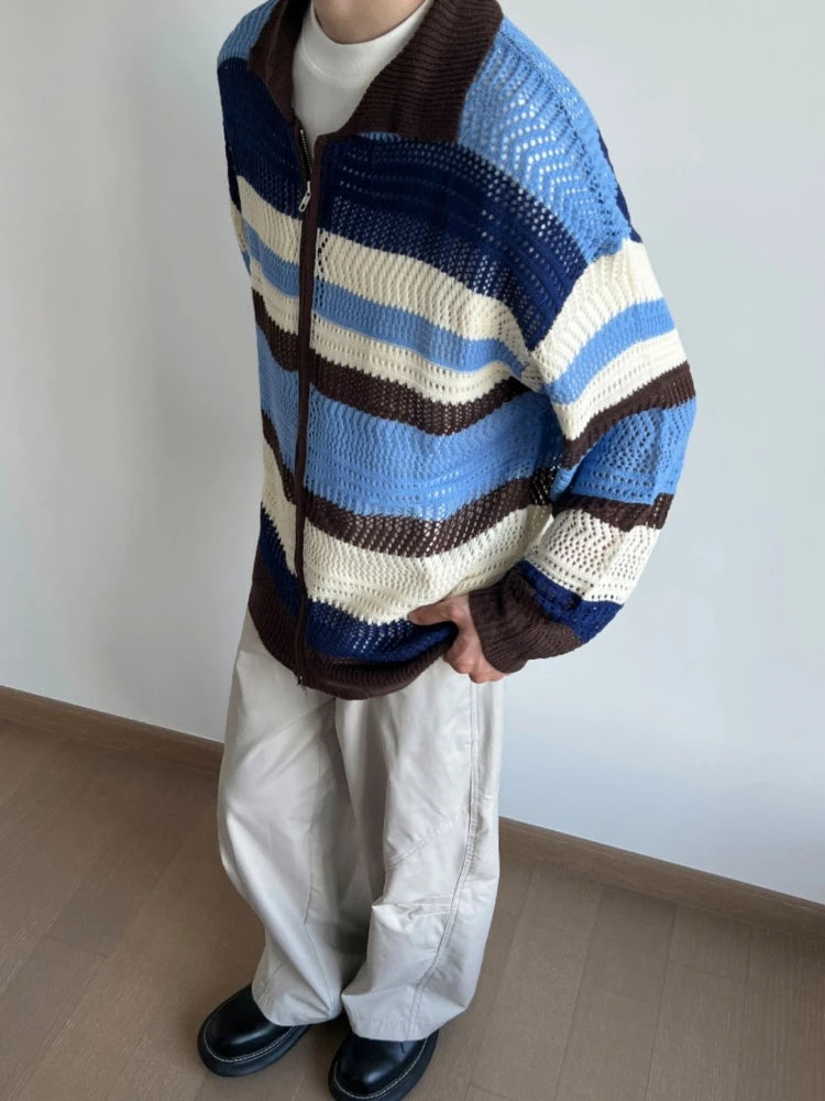 2025 Contrast Color Striped Dual Zippers Cardigan Japanese Hollow Out Men and Women Jackets Y2k Aesthetic Streetwear Women Tops