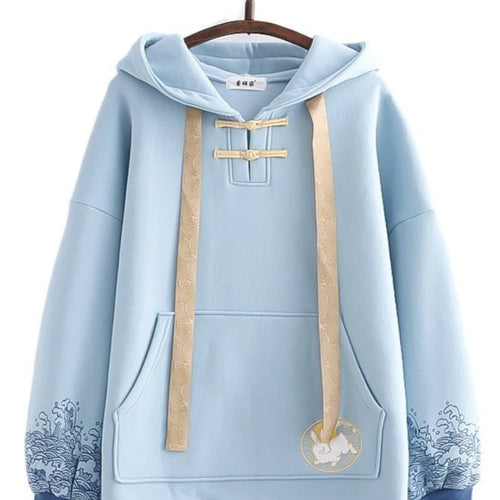 Load image into Gallery viewer, Fleece Women Hoodies Sweet Style Kawaii Rabbit Embroidery Hooded Sweatshirts Winter Harajuku Drawstring Hoody Sweatshirt
