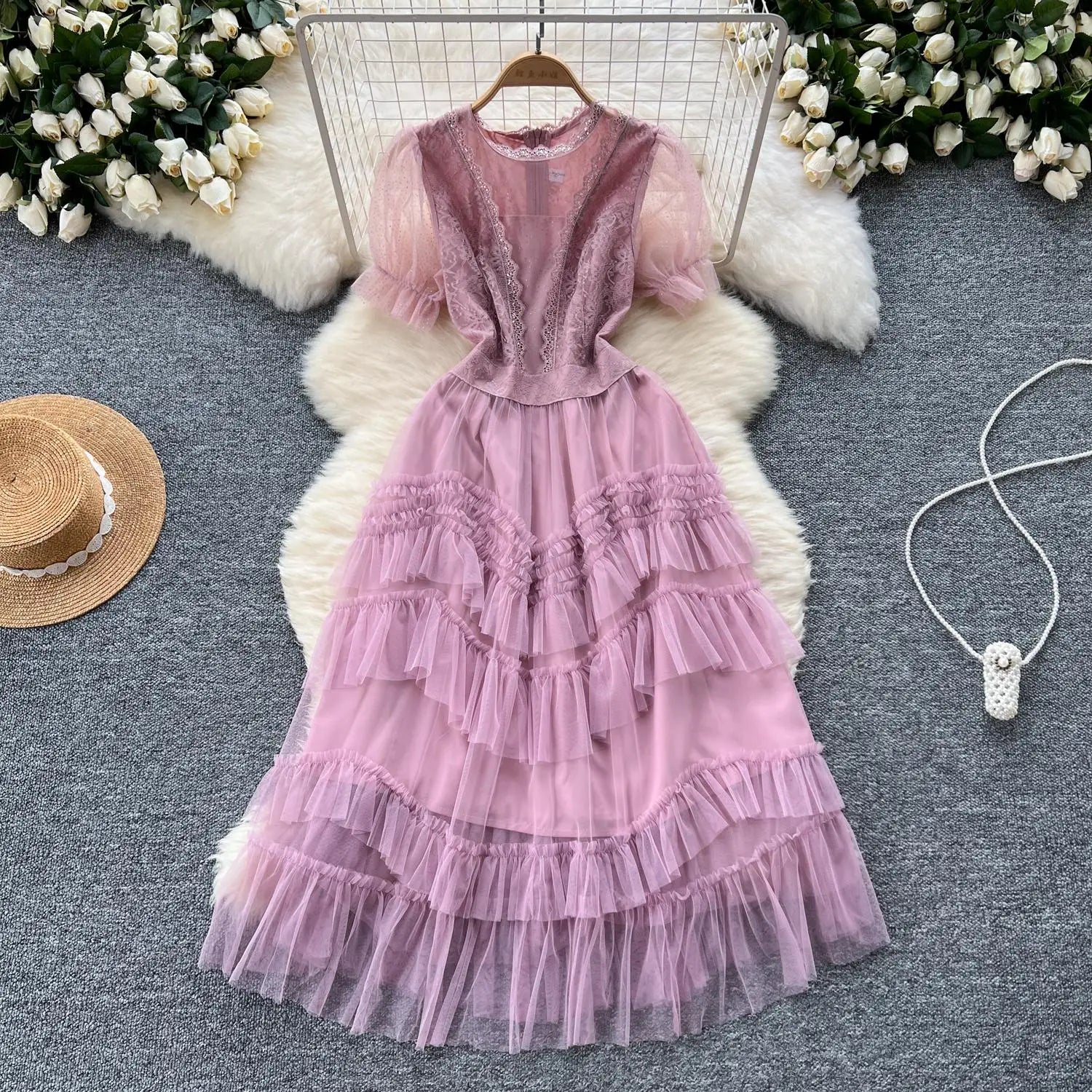 Retro Sweet Pink Lace Elegant Sequined Long Dress Round Neck Women Summer Short Sleeve Ruffles Evening Party Princess Dress Chic