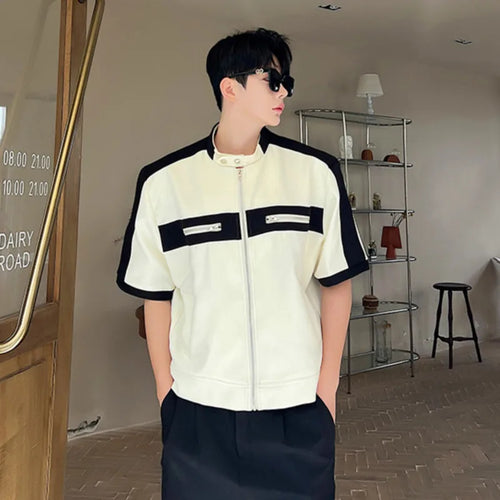 Load image into Gallery viewer, Summer Fashion Men&#39;s T-shirt Stand Collar Short Sleeve Patchwork Contrast Color Male Top Menwear Multi Zippers 9C5488
