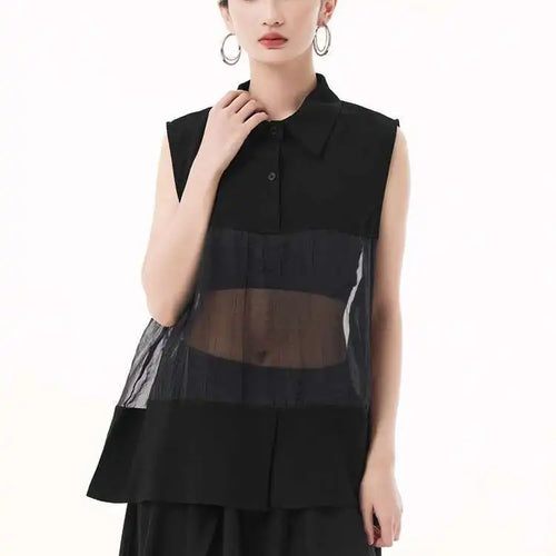 Load image into Gallery viewer, Women Black Mesh Perspective Big Size Elegant Blouse New Lapel Sleeveless Shirt Fashion Tide Spring Summer 2025 1DH9508
