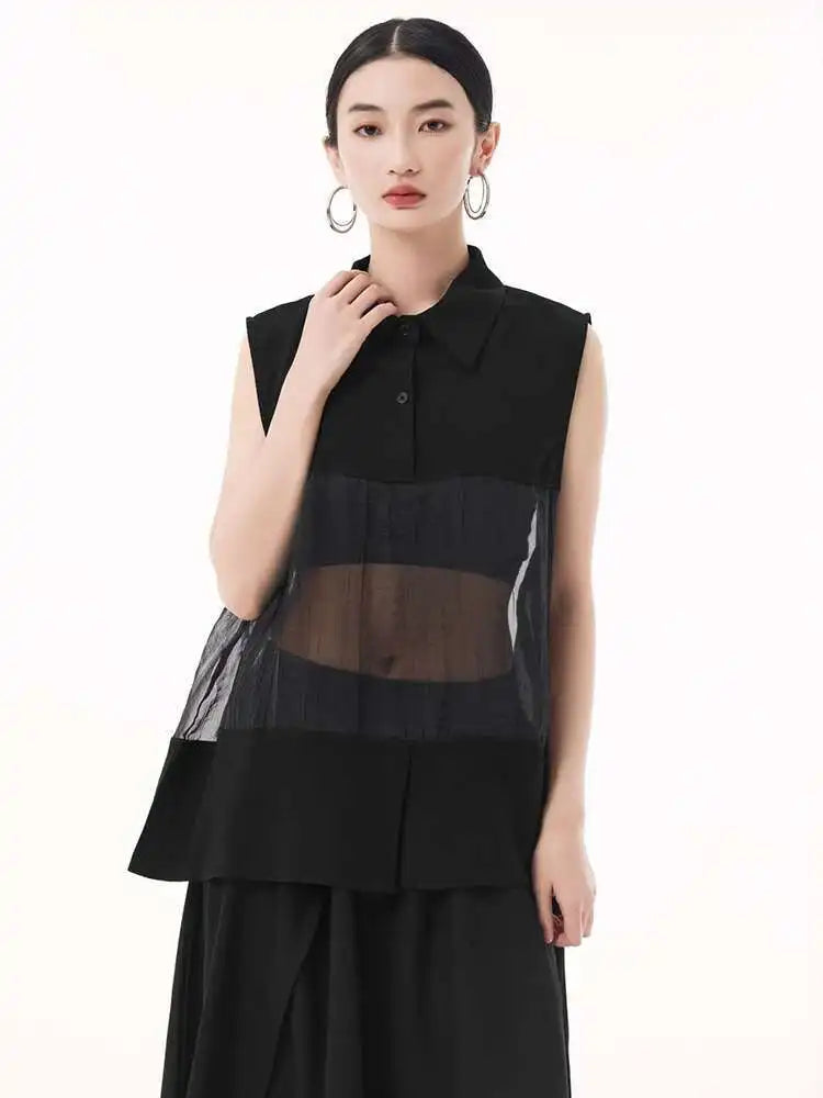 Women Black Mesh Perspective Big Size Elegant Blouse New Lapel Sleeveless Shirt Fashion Tide Spring Summer 2025 1DH9508