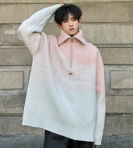 Gradient Color Male Pullover Sweater Fashion Lapel Zipper Sequin Design Men's Knitting Pulllovers New Stylish Spring 9C4128