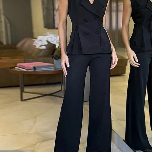 Load image into Gallery viewer, Solid Elegant Two Piece Sets For Women Lapel Sleeveless Spliced Button Tops High Waist Flare Pants Temperament Set Female
