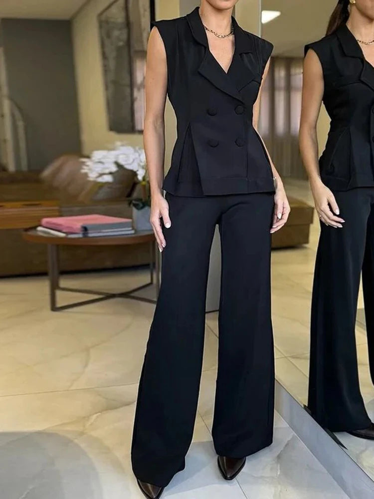 Solid Elegant Two Piece Sets For Women Lapel Sleeveless Spliced Button Tops High Waist Flare Pants Temperament Set Female