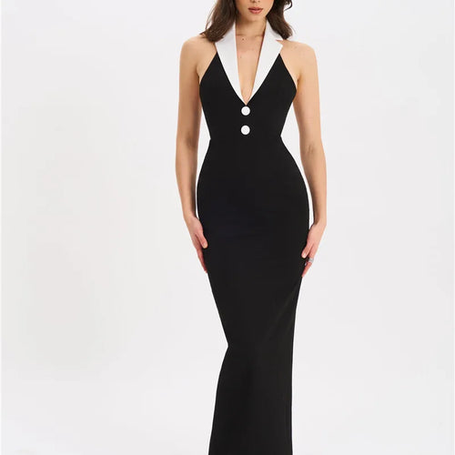 Load image into Gallery viewer, Halter Backless Sexy Maxi Dress For Women Gown Contrast Color Notched Collar Sleeveless Bodycon Club Party Tank Dress

