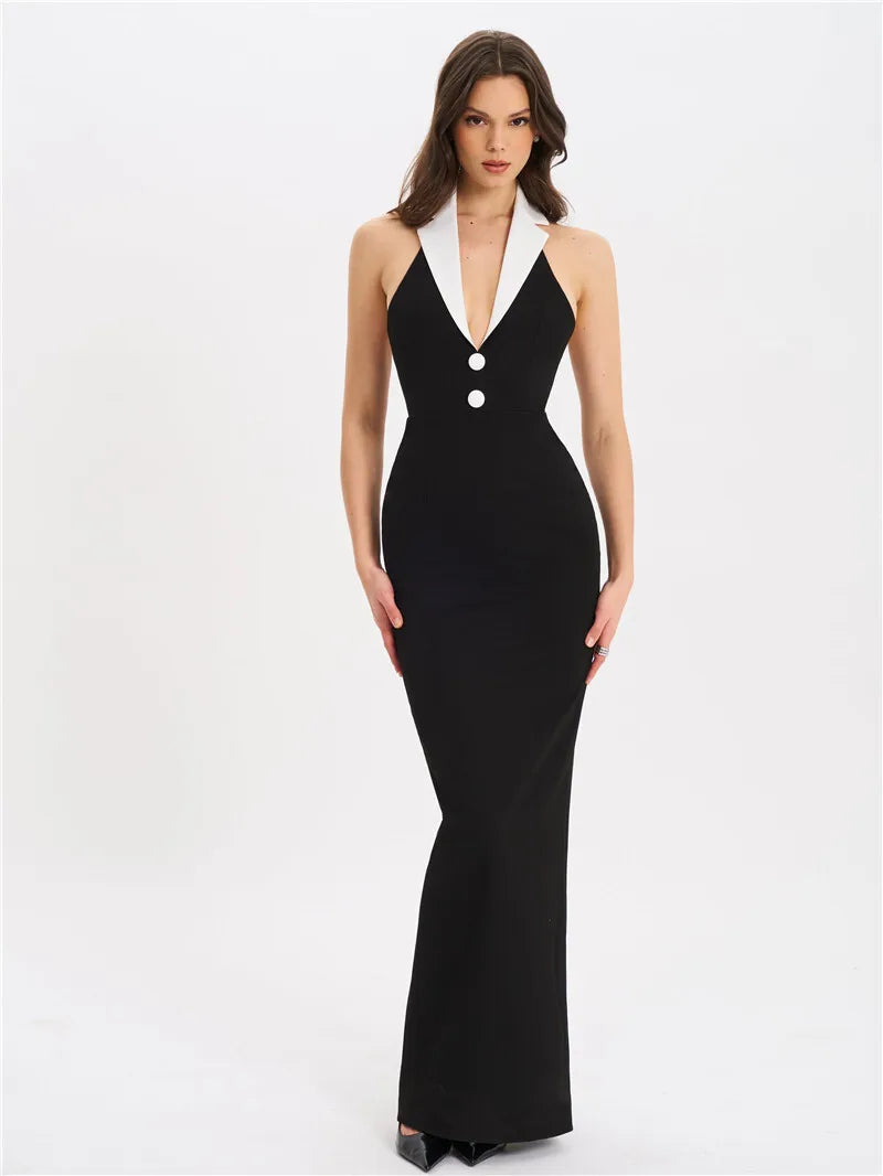 Halter Backless Sexy Maxi Dress For Women Gown Contrast Color Notched Collar Sleeveless Bodycon Club Party Tank Dress