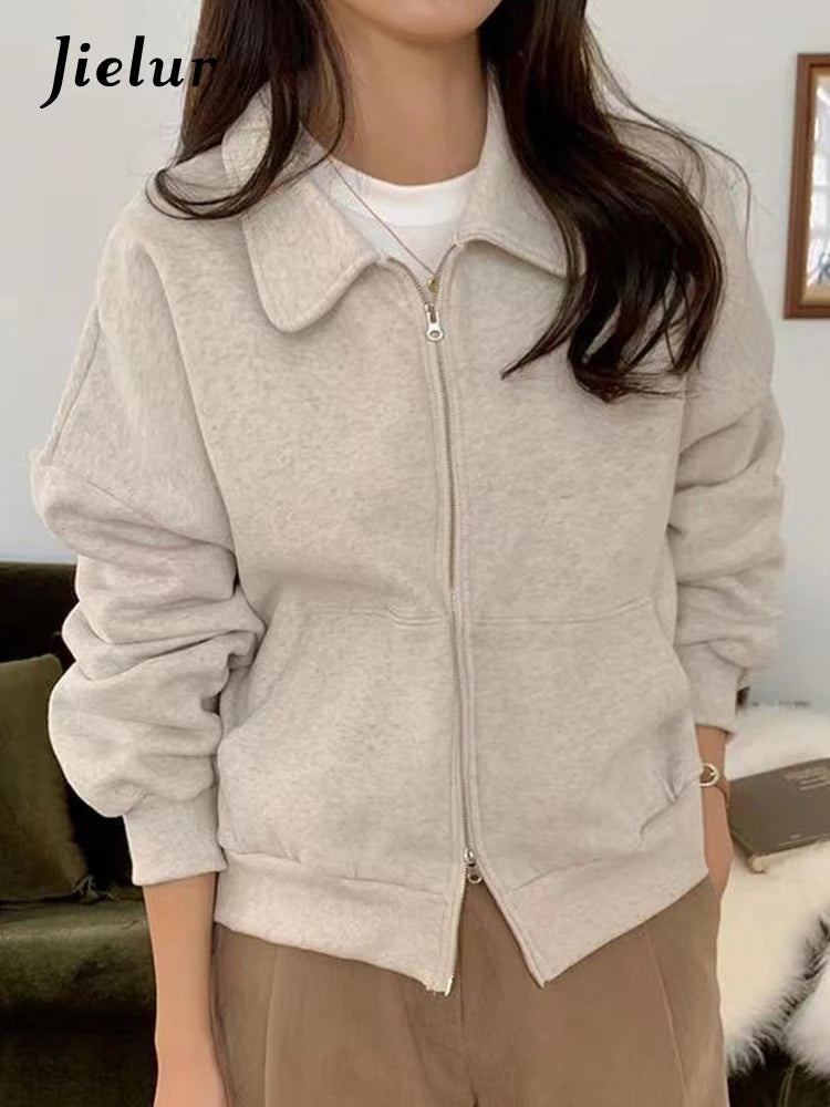 Thick Pure Color Polo Neck Female Hoodies Fashion Office Ladies Chic Zipper Pockets Casual Simple Women's Sweatshirts