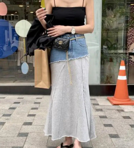 Spring Summer 2023 New Vintage Elegant High Waisted Long Denim Skirt Women Jeans Patchwork Cotton Wrap Buttocks Skirts Fashion