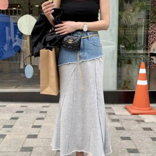 Load image into Gallery viewer, Spring Summer 2023 New Vintage Elegant High Waisted Long Denim Skirt Women Jeans Patchwork Cotton Wrap Buttocks Skirts Fashion
