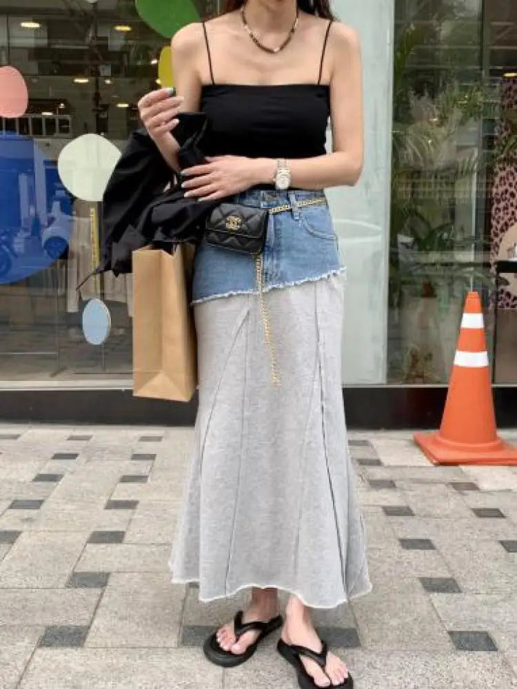 Spring Summer 2023 New Vintage Elegant High Waisted Long Denim Skirt Women Jeans Patchwork Cotton Wrap Buttocks Skirts Fashion