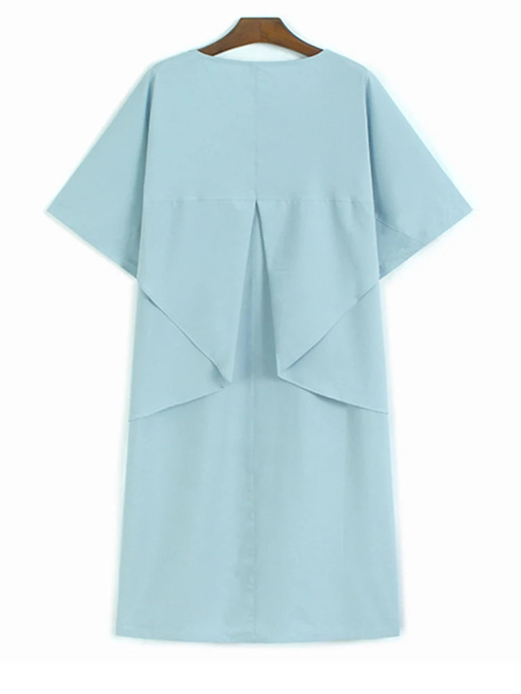 Women Blue Pleated Irregular Big Size Midi Dress New Round Neck Short Sleeve Fashion Tide Spring Summer 2025 1DJ1230