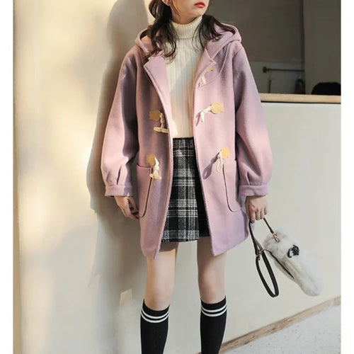 Load image into Gallery viewer, Purple Solid Warm Wool Blends Long Hooded Coat Straight Women Horn Button  Casual Female Warmness Outwear
