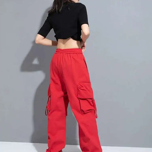 Load image into Gallery viewer, High Elastic Waist Red Pocket Long Cargo Pants New Loose Fit Trousers Women Fashion Tide Spring Autumn 2025 1DH0997
