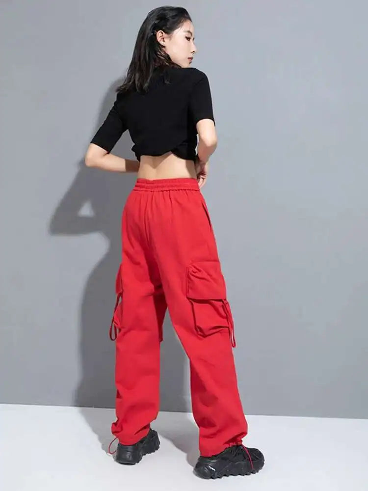 High Elastic Waist Red Pocket Long Cargo Pants New Loose Fit Trousers Women Fashion Tide Spring Autumn 2025 1DH0997