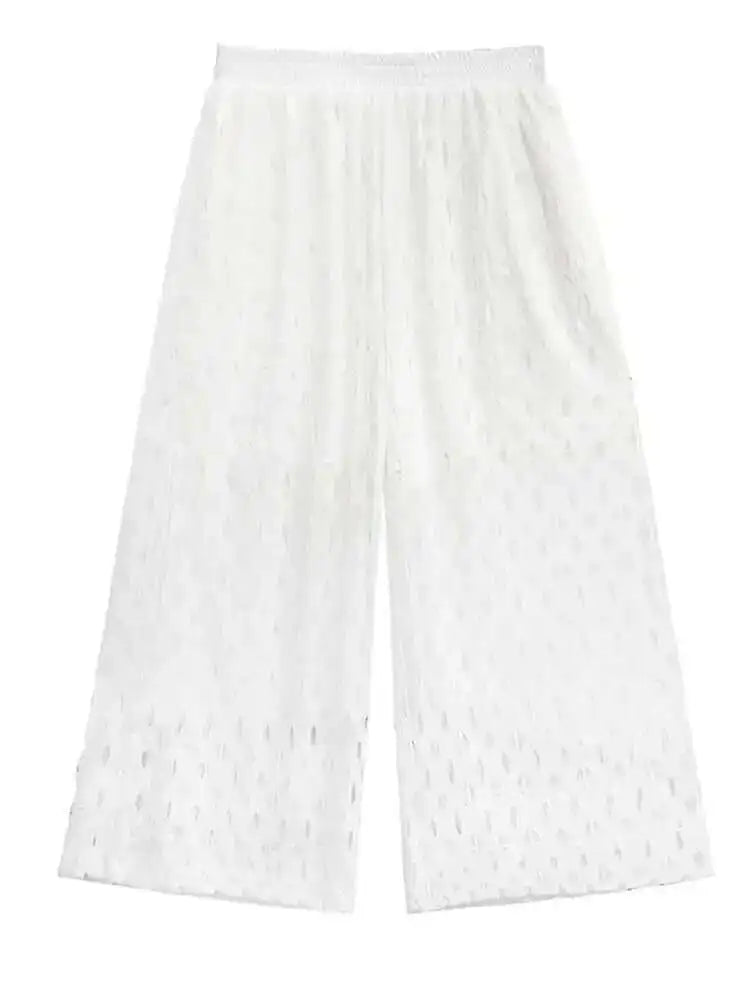 High Elastic Waist Black Hollow Out Casual Long Wide Leg Pants New Trousers Women Fashion Tide Spring Autumn 2025 1DH6468