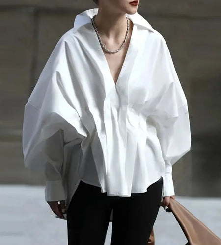 Women's Blouses Long Puff Sleeves 2025 Spring Summer Pleated Lapel White Black Loose Office ShirtsTops for Female