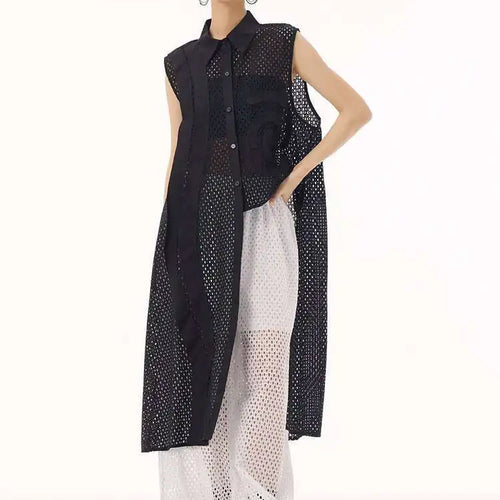 Load image into Gallery viewer, Women White Hollow Out Big Size Long Elegant Shirt Dress New Lapel Sleeveless Fashion Tide Spring Autumn 2025 1DH9424
