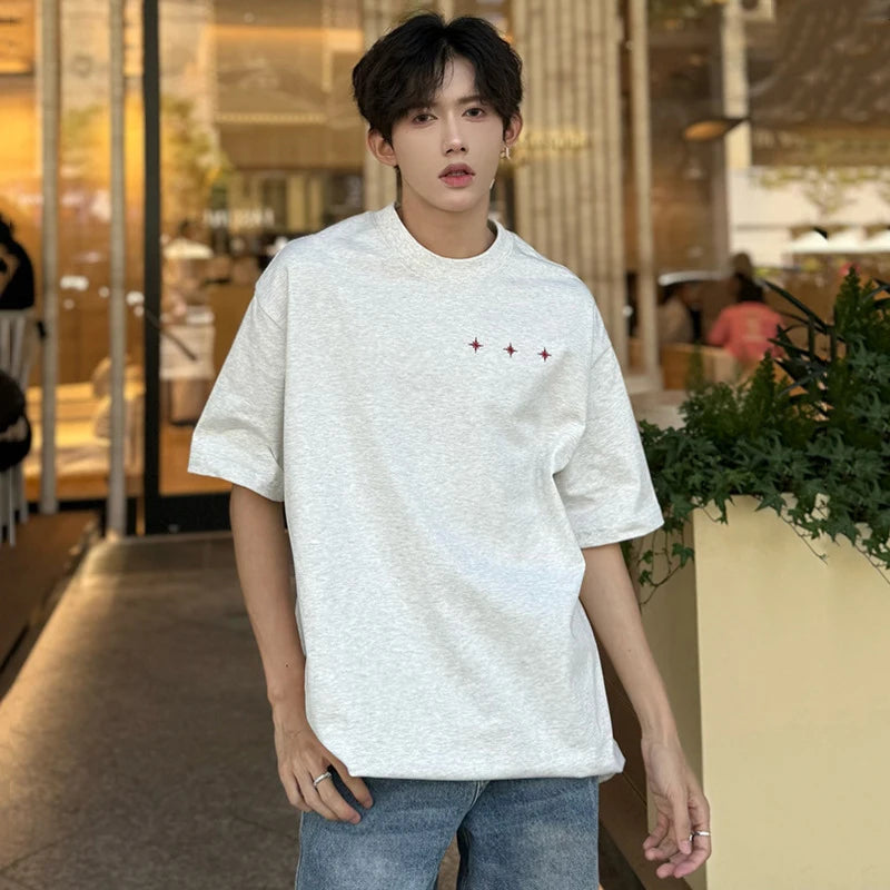 Simple Male Loose T-shirts Round Neck Short Sleeve Casual Embroidery Men's Pullover Tops Summer Tide 9C6328