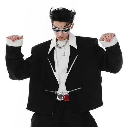 Load image into Gallery viewer, Short Men&#39;s Blazers Contrast Color Lapel Shoulder Pad Suit Jacket 2024 New Metal Zipper Niche Design Streetwear 9A6807
