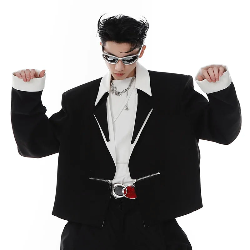 Short Men's Blazers Contrast Color Lapel Shoulder Pad Suit Jacket 2024 New Metal Zipper Niche Design Streetwear 9A6807