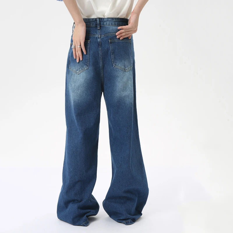 Personality Male Straight Jeans Hole Worn-out Loose Wide Leg Denim Pants Washed Casual Men's Trousers Summer 9C6281