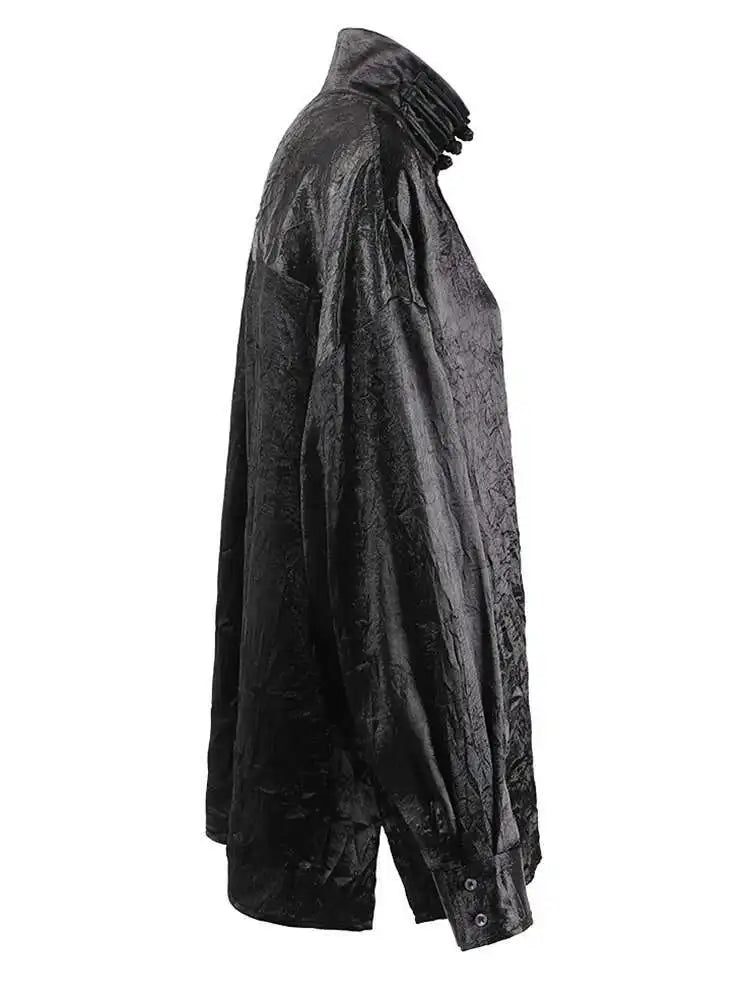 Women Black Pleated Buckle Big Size Vintage Blouse New Stand Collar Long Sleeve Shirt Fashion Spring Autumn 2025 CPG1416