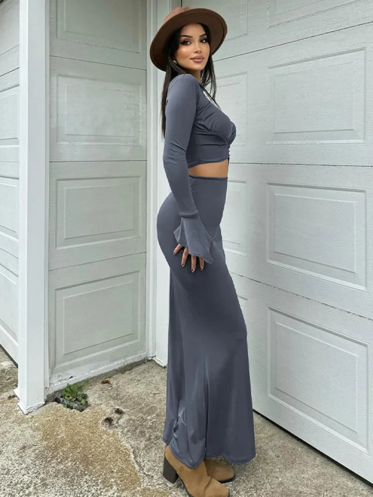 Elegant Long Sleeved Elastic Tight Top Half Skirt Women's Set Sexy Party Club Evening Dress Two-piece Set Spring 2025
