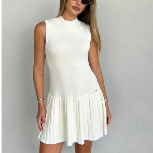 Load image into Gallery viewer, Elegant Sleeveless Knitted Sweater Dress Women Elastic Slim Short Skirt Pleated Female Summer 2024 New Vacation Vestidos
