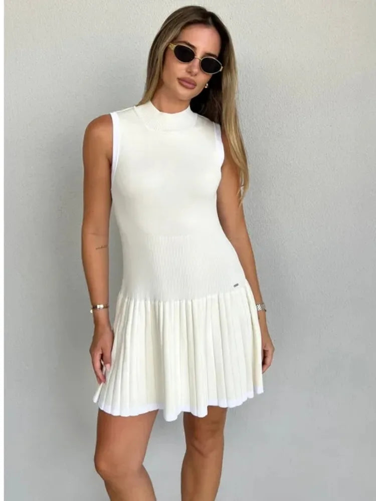 Elegant Sleeveless Knitted Sweater Dress Women Elastic Slim Short Skirt Pleated Female Summer 2024 New Vacation Vestidos