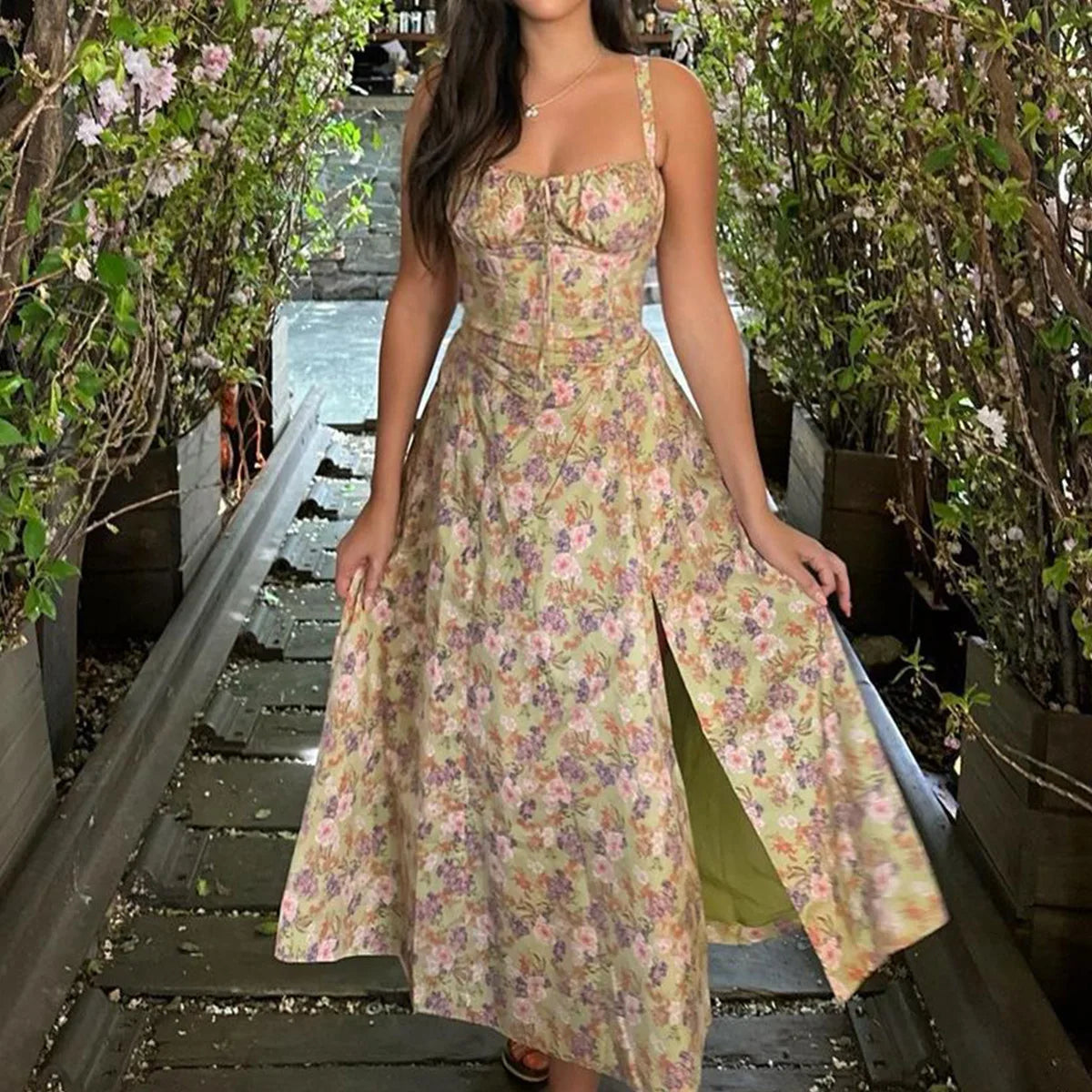 Women's Summer Floral Print Dresses Sweet Elegant Midi Holiday Dress Casual Slit Blue Lace Up Dresses 2023