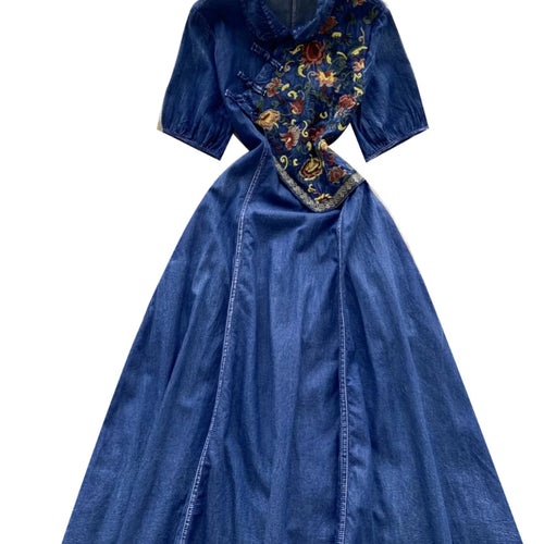 Load image into Gallery viewer, Vintage Chinese Style Summer Blue Embroidery Pleated Denim Long Dress Women Elegant Short Sleeve Princess Party Evening Dresses
