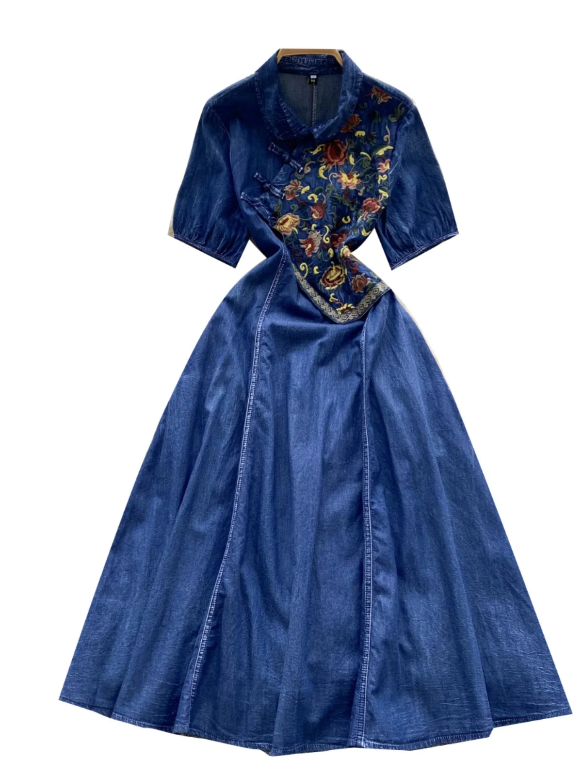 Vintage Chinese Style Summer Blue Embroidery Pleated Denim Long Dress Women Elegant Short Sleeve Princess Party Evening Dresses