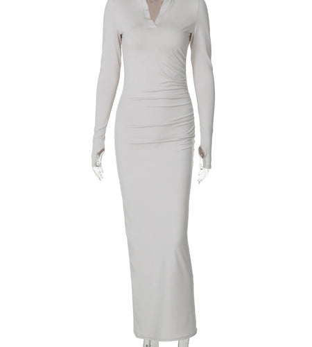 Polo Neck Long Sleeve Ruched Sexy Bodycon Sexy Bodycon Maxi Dress Fall Women Y2K Outfits Streetwear Birthday Party