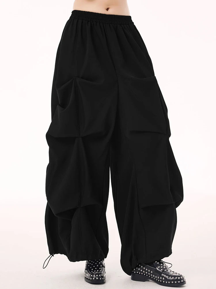 High Elastic Waist Black Drawstring Pleated Wide Leg Pants New Trousers Women Fashion Tide Spring Autumn 2025  1DH9524