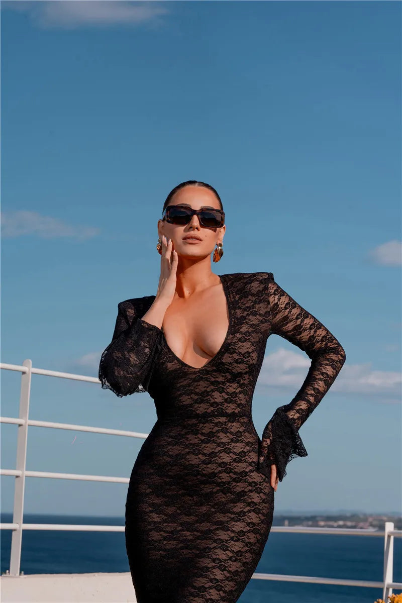 Elegant Lace Long Sleeve Sexy Maxi Dress For Women Fashion Deep V Neck Bodycon Party Club Sexy Long Dress Fashion