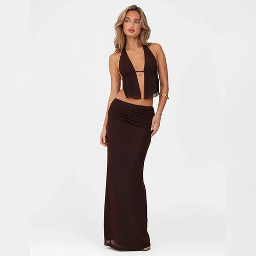 Load image into Gallery viewer, Hollow Out Lace-up Sexy Skirt 2 Piece Sets Women Brown Halter Crop Tops And Maxi Skirt Female Skinny Sexy Two Piece Set
