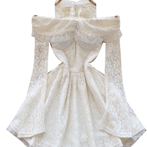 Load image into Gallery viewer, Vintage Women White Lace Elegant Off Shoulder Halter Lace-up Pleated Short Dress Spring High Waist Sexy Party Dress Popular Chic
