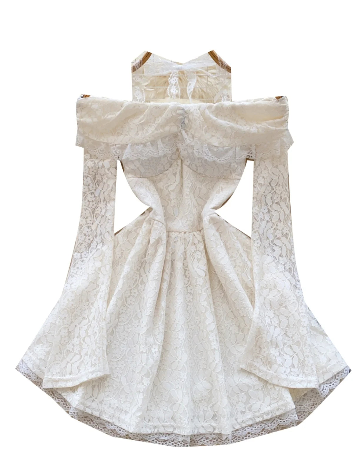 Vintage Women White Lace Elegant Off Shoulder Halter Lace-up Pleated Short Dress Spring High Waist Sexy Party Dress Popular Chic