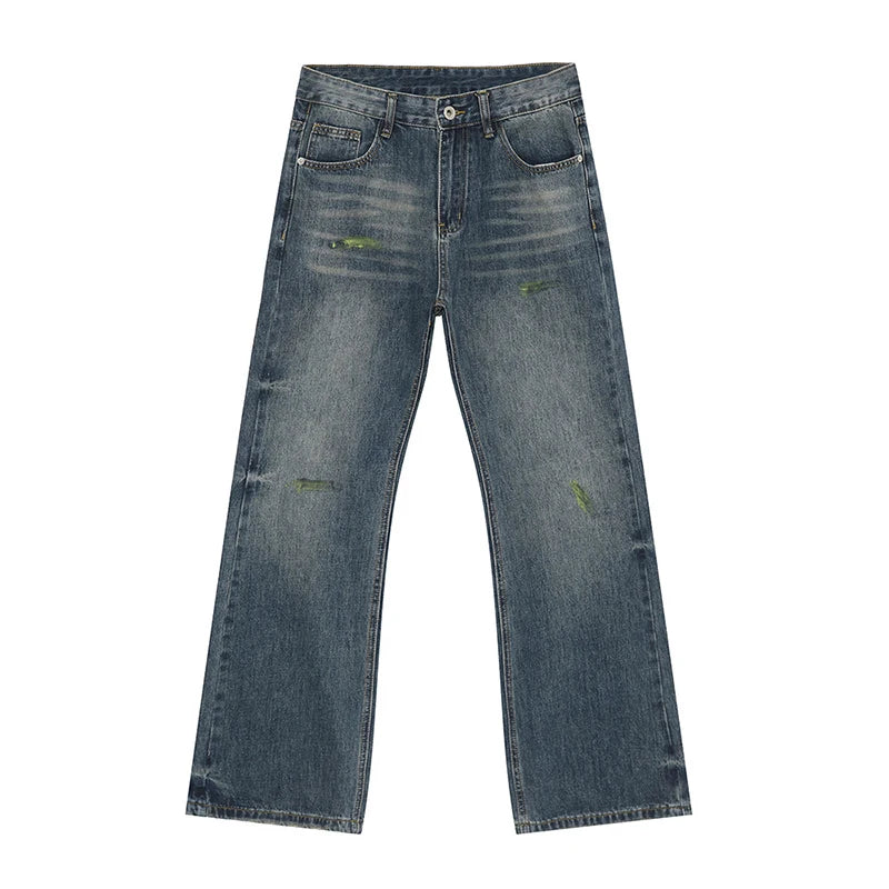 American Men's Jeans New Wrinkle Brushed Paint Micro Flared Trendy Male Casual Washed Denim Pants High Street 9W1843
