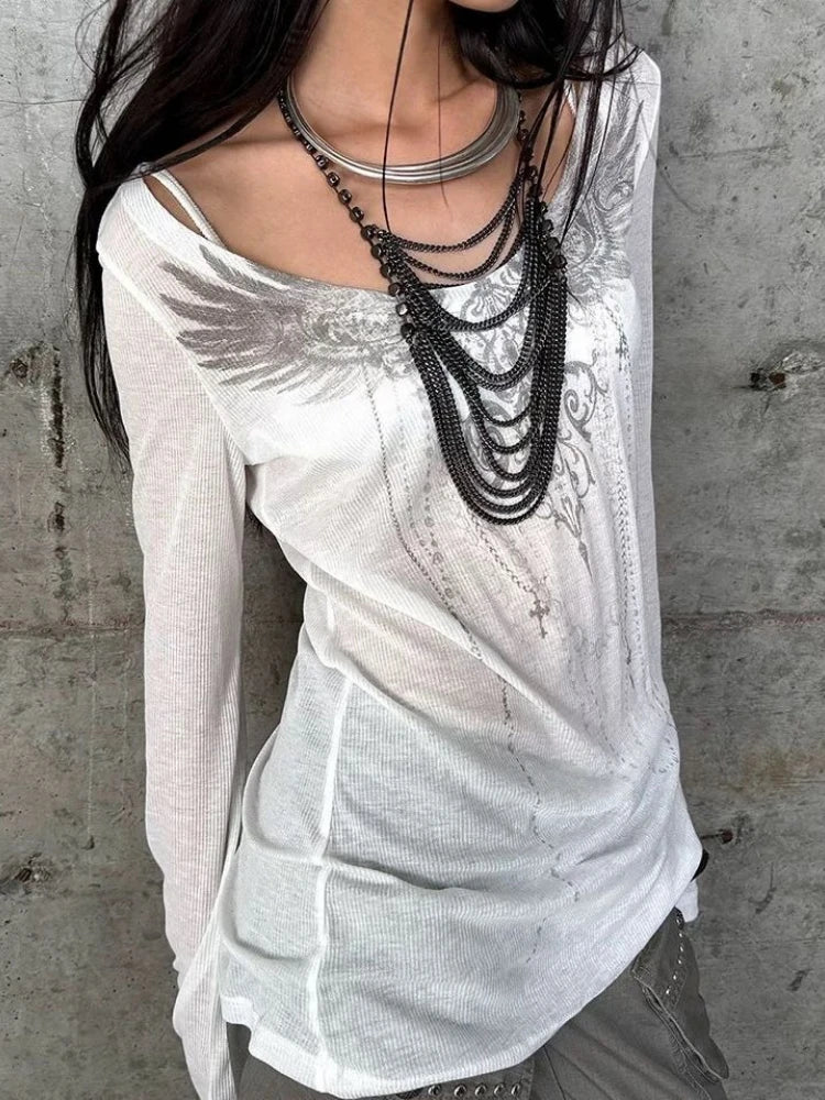 Y2k Aesthetic Sun Protection Women T-shirt Vintage Printing Streetwear Grunge Tshirts 2025 Harajuku Gothic Slim Fit Tees Femme