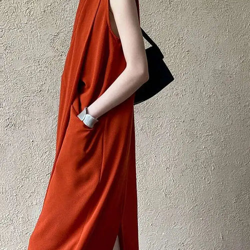 Load image into Gallery viewer, Women Orange Pocket Knot Elegant  Long Big Size Dress New V-Neck Sleeveless Fashion Tide Spring Summer 2025 1DH6380

